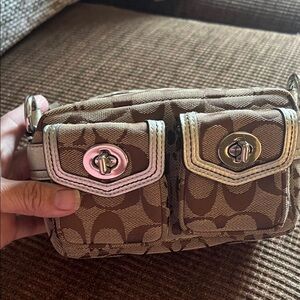 Coach Mini Double Pocket Crossbody in Brown and Cream Trim